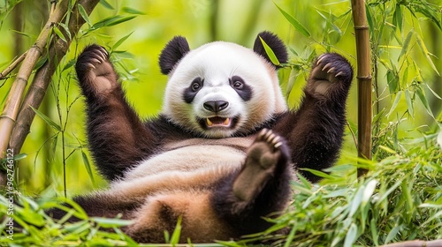  A playful giant panda frolicking amidst the lush green bamboo forest, capturing moments of joy and curiosity in its natural habitat. The scene highlights the panda's playful behavior photo