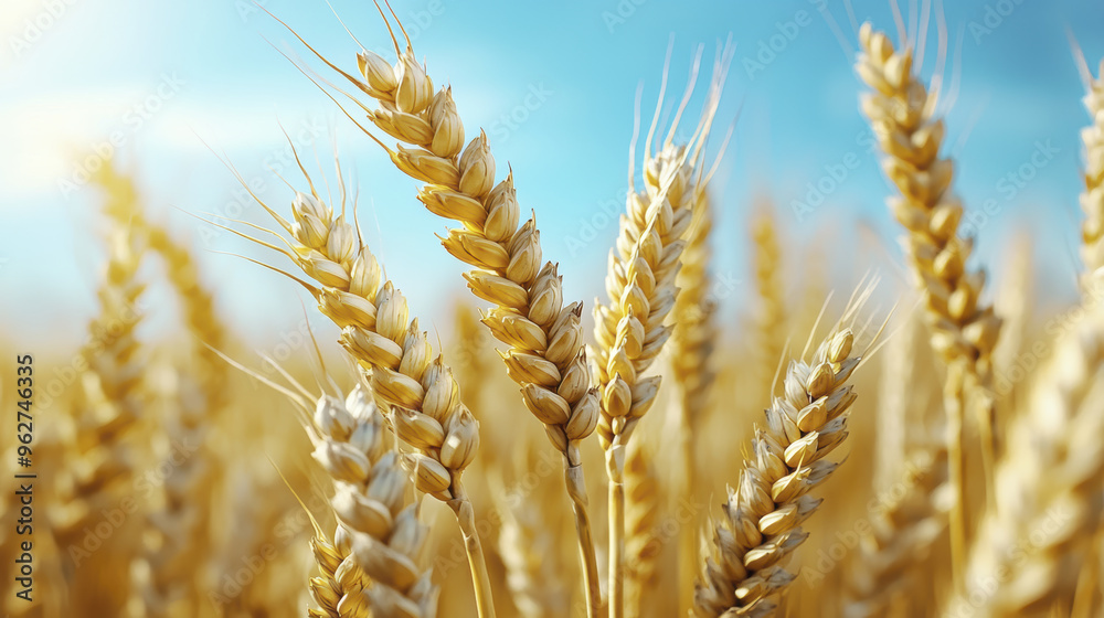 A field of golden organic wheat swaying in breeze under clear blue sky. vibrant colors evoke sense of tranquility and abundance. A field of golden organic wheat swaying in breeze under clear blue sky. vibrant colors evoke sense of tranquility and abundance.