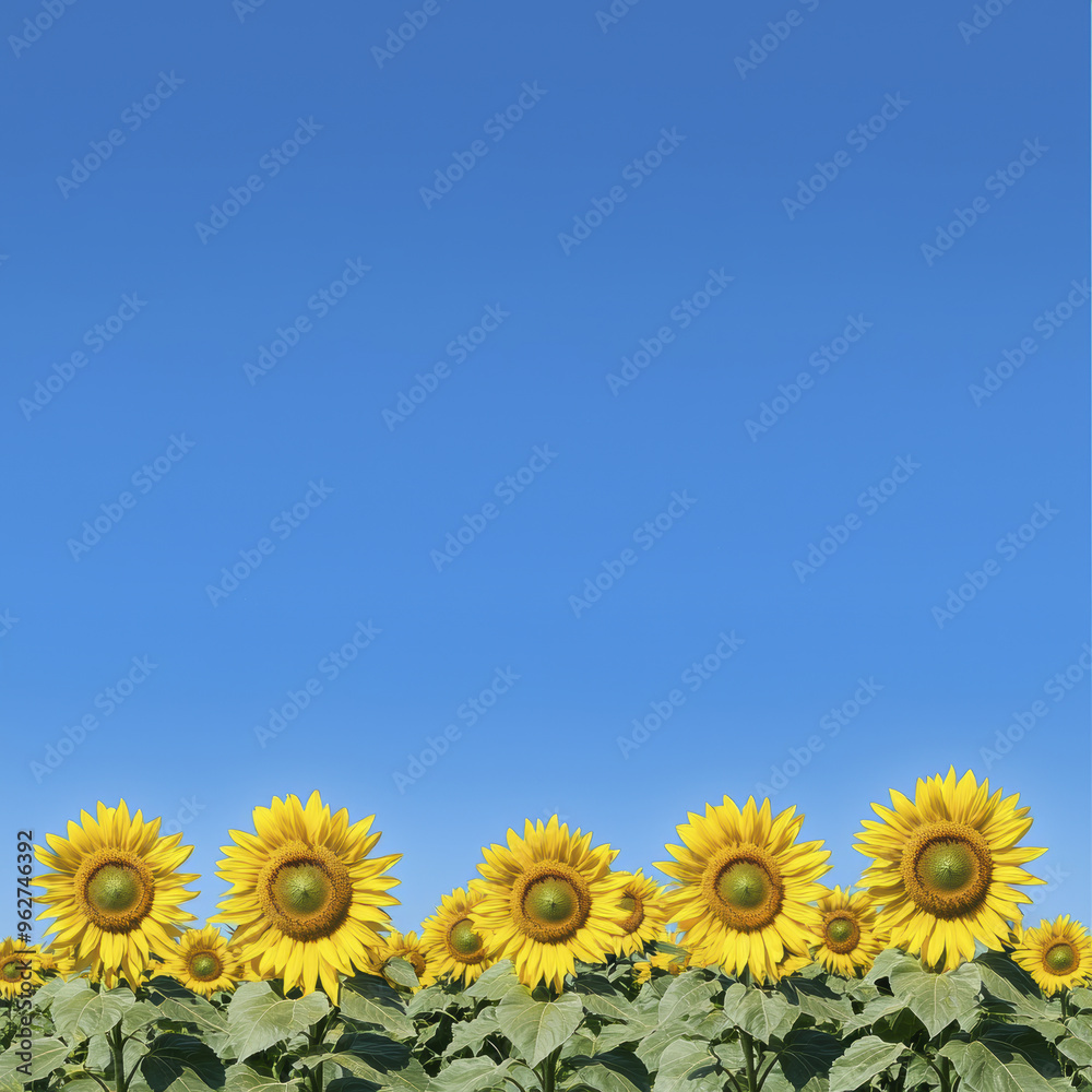 Fototapeta premium A vibrant field of sunflowers growing organically under clear blue sky, radiating warmth and joy.