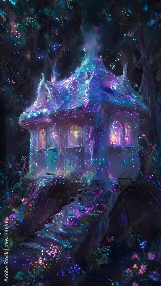 Obraz premium A fairy house that is both elegant and whimsical. The house is built into a giant tree, with winding staircases and hidden rooms