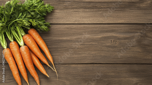 Fresh organic carrots with vibrant green tops arranged on wooden surface