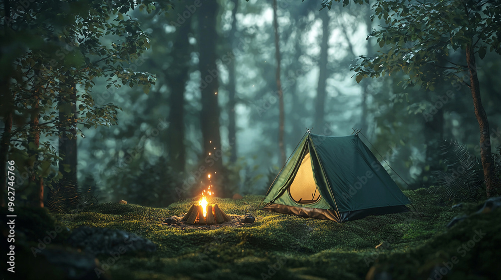 A tent under the night sky in a peaceful forest, surrounded by trees and nature, perfect for camping adventure A tent under the night sky in a peaceful forest, surrounded by trees and nature, perfect for camping adventure
