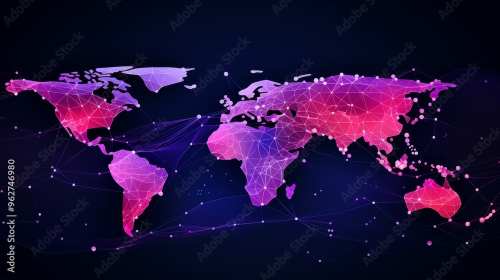 Fototapeta premium Global connectivity a dot and line world map showcasing cities with blue lines and purple red dots