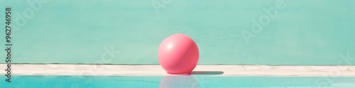 Simple Summer Fun Pink Beach Ball Floating in Turquoise Pool During Daytime, Minimalistic Composition with Copy Space