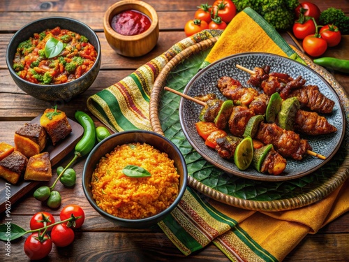 Vibrant display of traditional African cuisine featuring jollof rice, suya skewers, fufu, and plantains, arranged on a colorful textile with earthy tones and natural light.