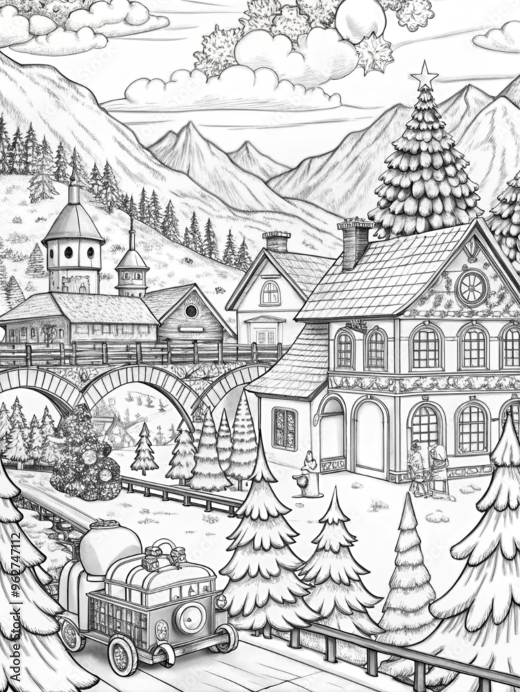 Naklejka premium Detailed Winter Village Scene with Snow-Covered Houses for Coloring Books