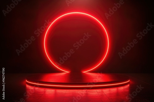 Stage podium decorated with Red neon lighting and Spotlight. Pedestal scene with for Product sale, advertising, show, award ceremony, on black background. Black Friday background with generative ai