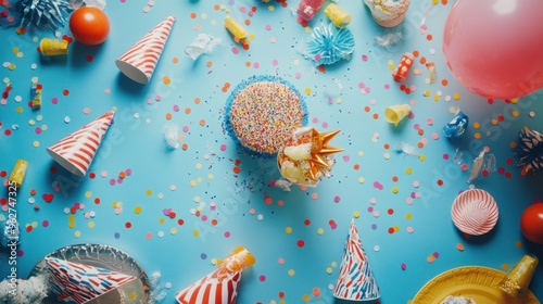 A festive scene with a colorful cake, party hats, and decorations for a celebration. photo