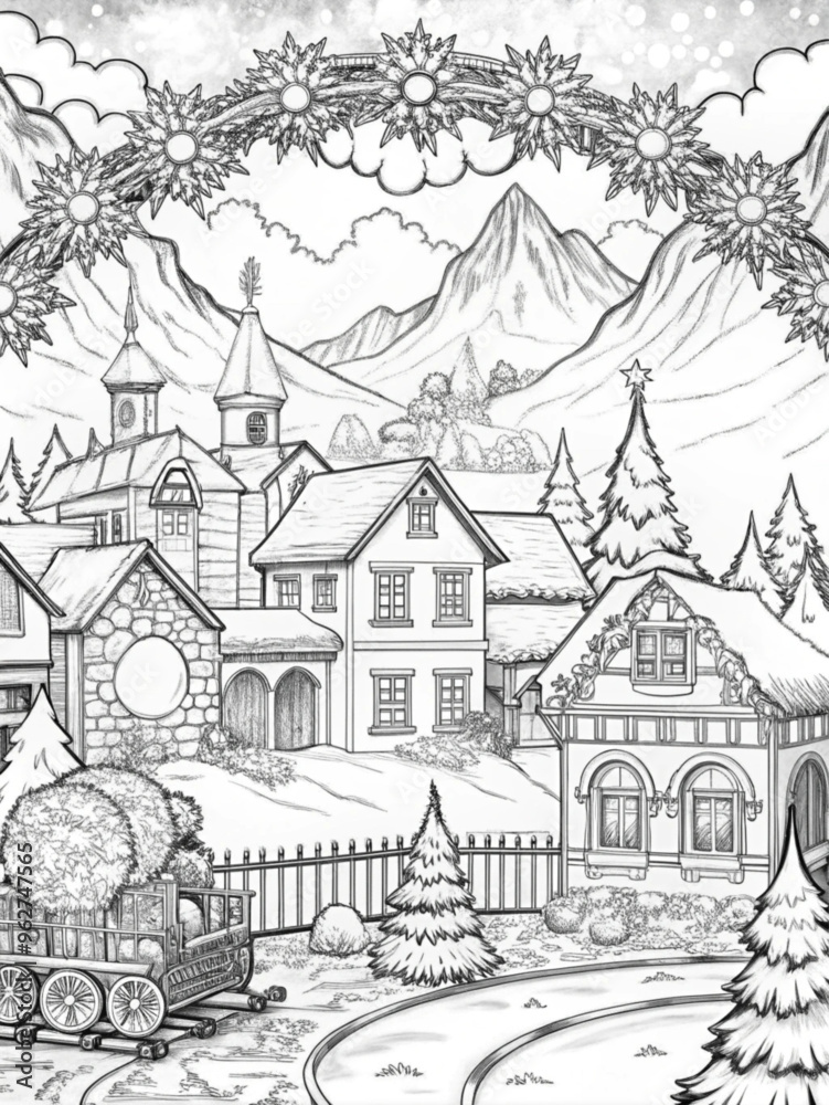 Obraz premium Detailed Winter Village Scene with Snow-Covered Houses for Coloring Books