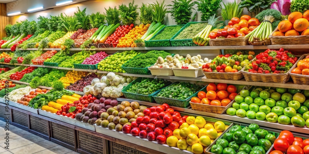 Vibrant Fruit And Vegetable Assortment Displayed In A Supermarket, Highlighting The Freshness And Variety Of Produce Available. Vibrant Fruit And Vegetable Assortment Displayed In A Supermarket, Highlighting The Freshness And Variety Of Produce Available.