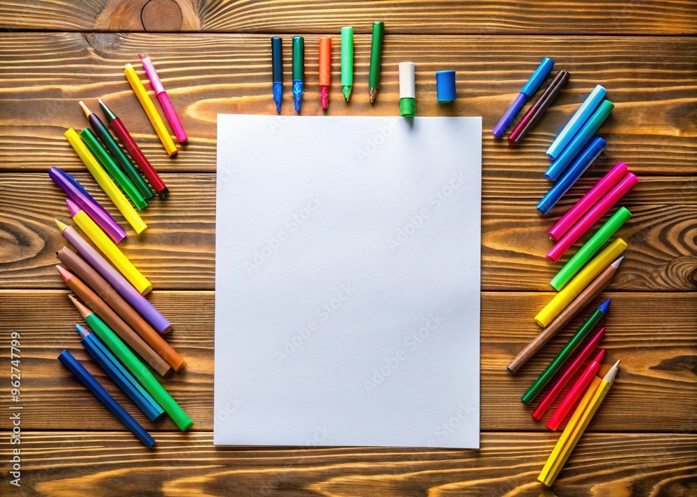 Fototapeta premium A blank, crisp, and snow-white A5-sized sheet of paper lies flat on a wooden desk, surrounded by colorful pens and a tidy workspace.