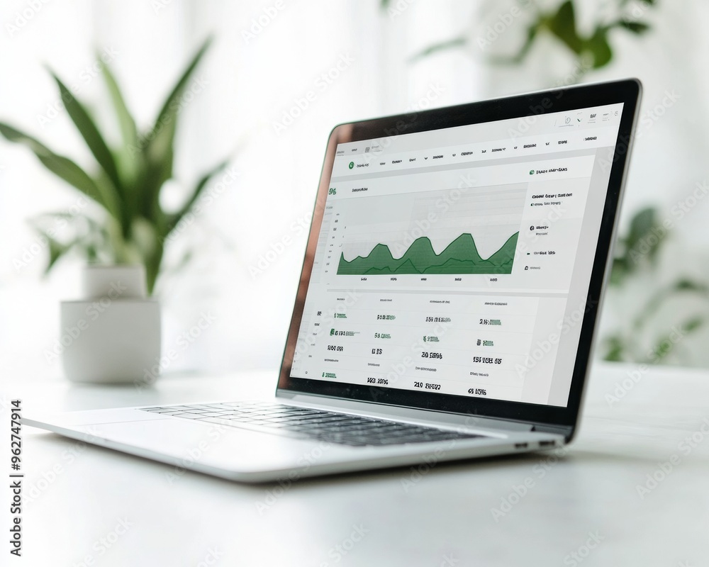 Businessman Reviewing Financial Loss Reporting Website Mockup with Declining Graphs, Morning, Professional Office Setting, Focused Mood, Laptop on Modern Desk Businessman Reviewing Financial Loss Reporting Website Mockup with Declining Graphs, Morning, Professional Office Setting, Focused Mood, Laptop on Modern Desk