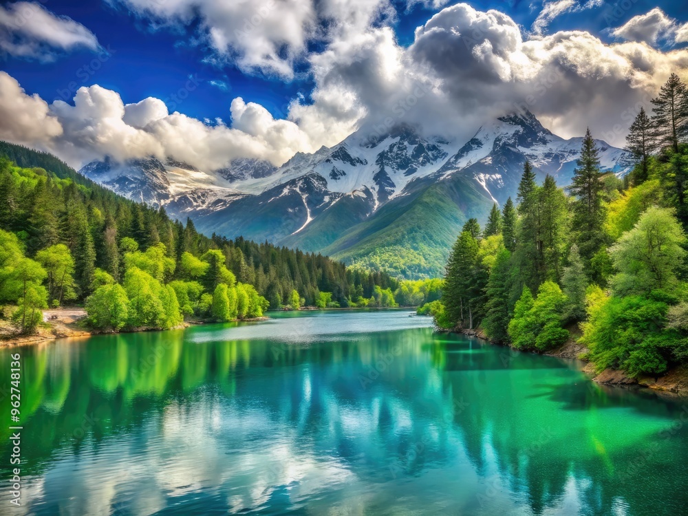 Vibrant green forest surrounds serene turquoise lake, majestic snow-capped mountains rise in background, misty clouds drift lazily across tranquil skies in Iran's breathtaking landscape.