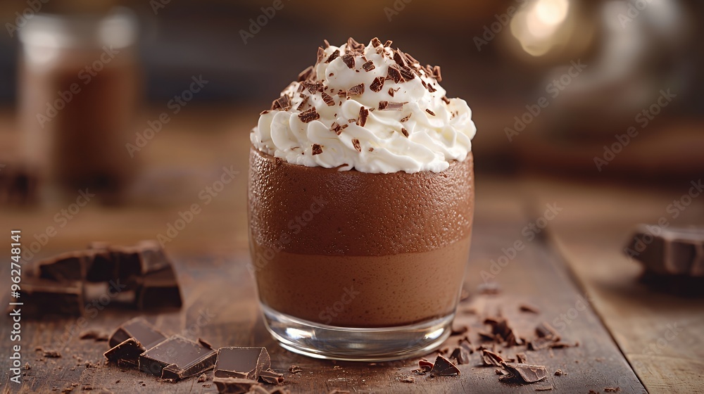 Close-up of a chocolate mousse dessert topped with whipped cream and chocolate shavings in a glass. Close-up of a chocolate mousse dessert topped with whipped cream and chocolate shavings in a glass.