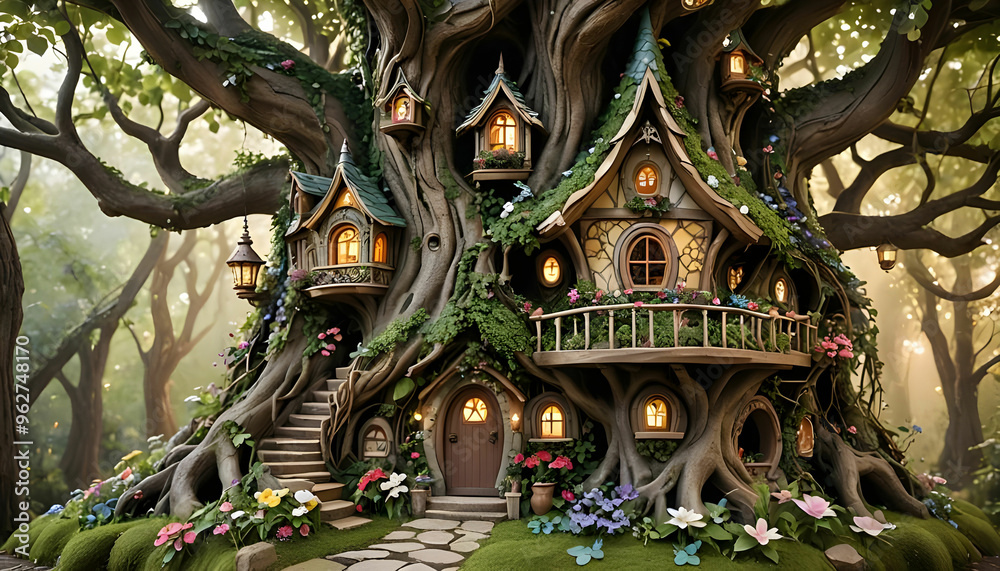 Fototapeta premium A fairy house that is both elegant and whimsical. The house is built into a giant tree, with winding staircases and hidden rooms