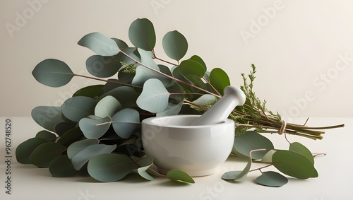 Eucalyptus Leaves with White Mortar and Pestle, Ingredients for Alternative Medicine and Natural Cosmetics, Beauty and Spa Concept