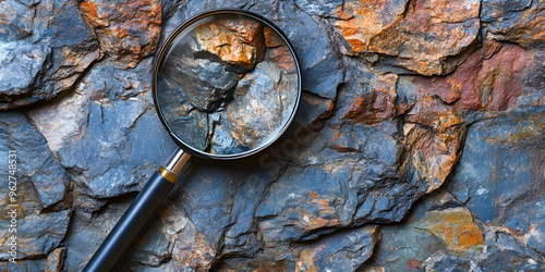 Geological rock sample viewed under magnifying glass photo