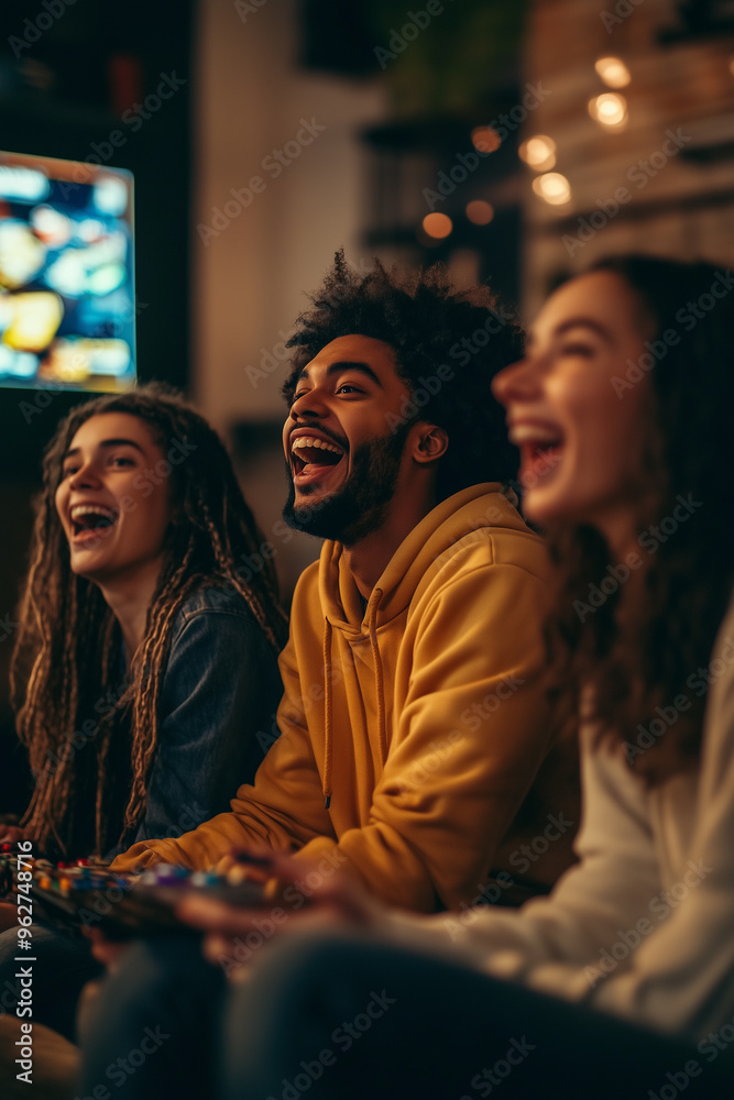 Group of friends enjoying casual game night home, genuine reactions friendly competition, view of game only Group of friends enjoying casual game night home, genuine reactions friendly competition, view of game only