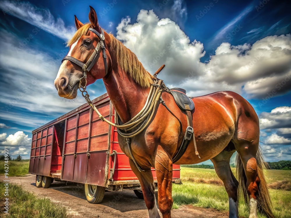 A majestic brown horse, adorned with a shiny steel harness, stands alert beside a rust-red trailer, poised to explore open fields and winding roads. A majestic brown horse, adorned with a shiny steel harness, stands alert beside a rust-red trailer, poised to explore open fields and winding roads.