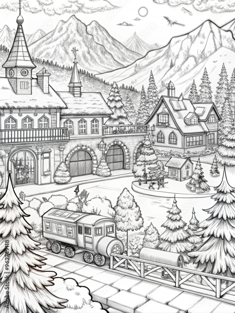 Obraz premium Detailed Winter Village Scene with Snow-Covered Houses for Coloring Books