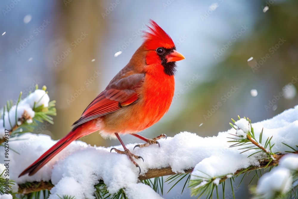 Vibrant Male Cardinal Perched On Snow-Covered Branch Amidst Wintery Landscape. Vibrant Male Cardinal Perched On Snow-Covered Branch Amidst Wintery Landscape.