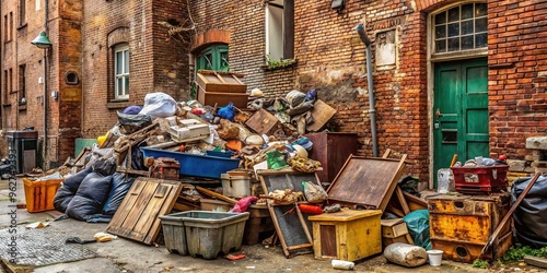 A massive, sprawling pile of assorted junk and discarded items overflows from a rusty old dumpster in a neglected alleyway, surrounded by crumbling brick walls. photo