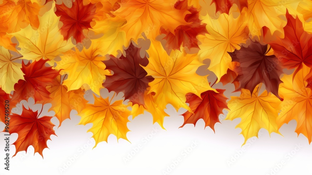 Vibrant autumn background featuring colorful maple leaves framed against a white canvas Vibrant autumn background featuring colorful maple leaves framed against a white canvas