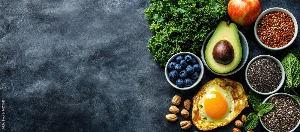 Healthy Breakfast Foods on Dark Background Healthy Breakfast Foods on Dark Background