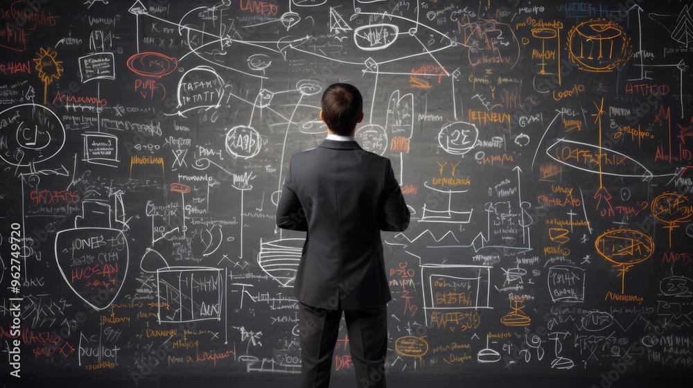 Man analyzing business strategy on blackboard filled with question marks and ideas for clarity Man analyzing business strategy on blackboard filled with question marks and ideas for clarity