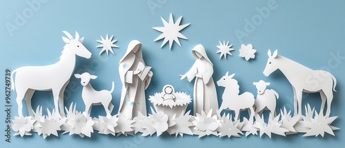 A serene nativity scene in white paper cut-out style, depicting the birth of Jesus with animals and celestial elements.