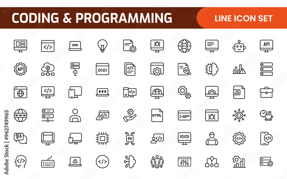 Programming coding set of web icons in line style. Software development icons for web and mobile app. Code, api, programmer, developer, information technology, coder and more. Programming coding set of web icons in line style. Software development icons for web and mobile app. Code, api, programmer, developer, information technology, coder and more.