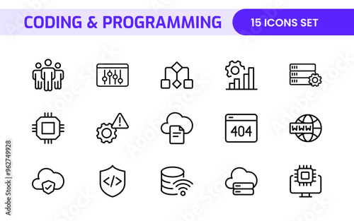 Programming coding set of web icons in line style. Software development icons for web and mobile app. Code, api, programmer, developer, information technology, coder and more.