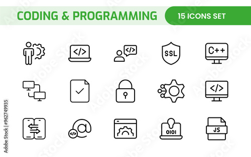 Programming coding set of web icons in line style. Software development icons for web and mobile app. Code, api, programmer, developer, information technology, coder and more.