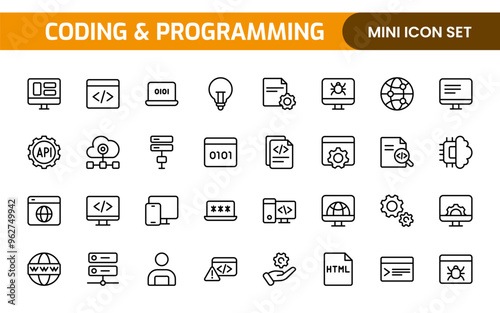 Programming coding set of web icons in line style. Software development icons for web and mobile app. Code, api, programmer, developer, information technology, coder and more.