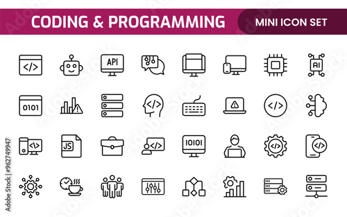 Programming coding set of web icons in line style. Software development icons for web and mobile app. Code, api, programmer, developer, information technology, coder and more.