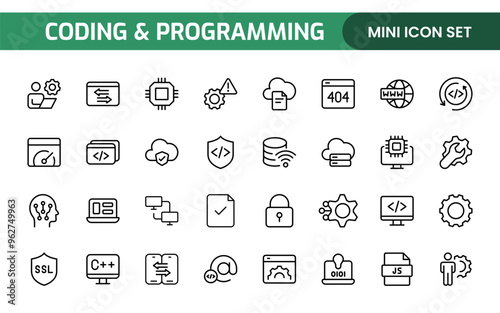 Programming coding set of web icons in line style. Software development icons for web and mobile app. Code, api, programmer, developer, information technology, coder and more.