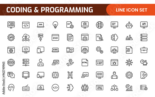 Programming coding set of web icons in line style. Software development icons for web and mobile app. Code, api, programmer, developer, information technology, coder and more.