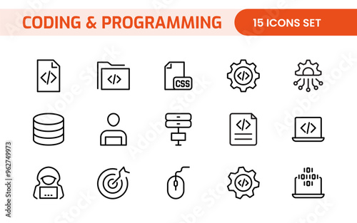Programming coding set of web icons in line style. Software development icons for web and mobile app. Code, api, programmer, developer, information technology, coder and more.
