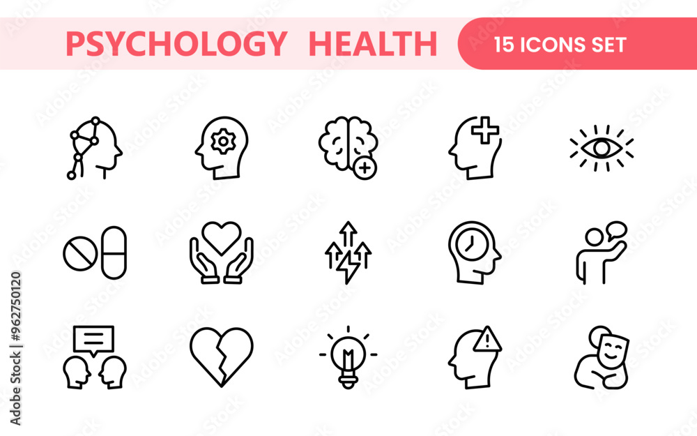 Fototapeta premium Mental Health and Psychology Icons: A Complete Collection for Therapy Sessions, Counseling, Emotional Well-being, Support Services, and Wellness Programs