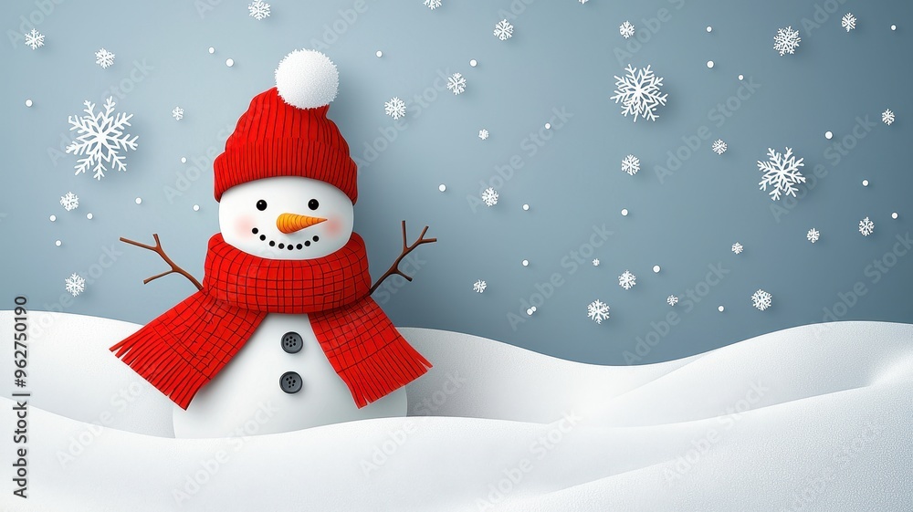 Cute snowman with a red scarf and hat, surrounded by falling snowflakes in a winter wonderland scene. Cute snowman with a red scarf and hat, surrounded by falling snowflakes in a winter wonderland scene.