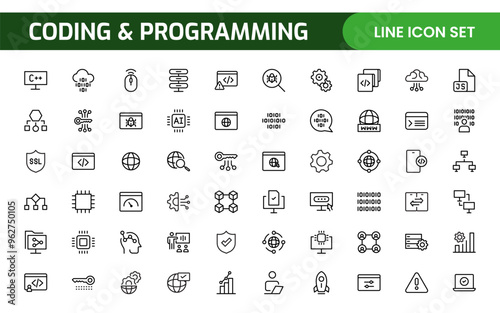 Programming coding set of web icons in line style. Software development icons for web and mobile app. Code, api, programmer, developer, information technology, coder and more.