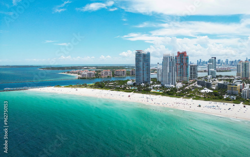 Miami Beach, Florida, United States. Drone shot of Miami on sunny day. Miami Beach, wonderful aerial view of buildings. Aerial view of Miami Beach, South Beach, USA.