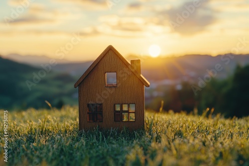 Miniature House in a Serene Sunset Landscape