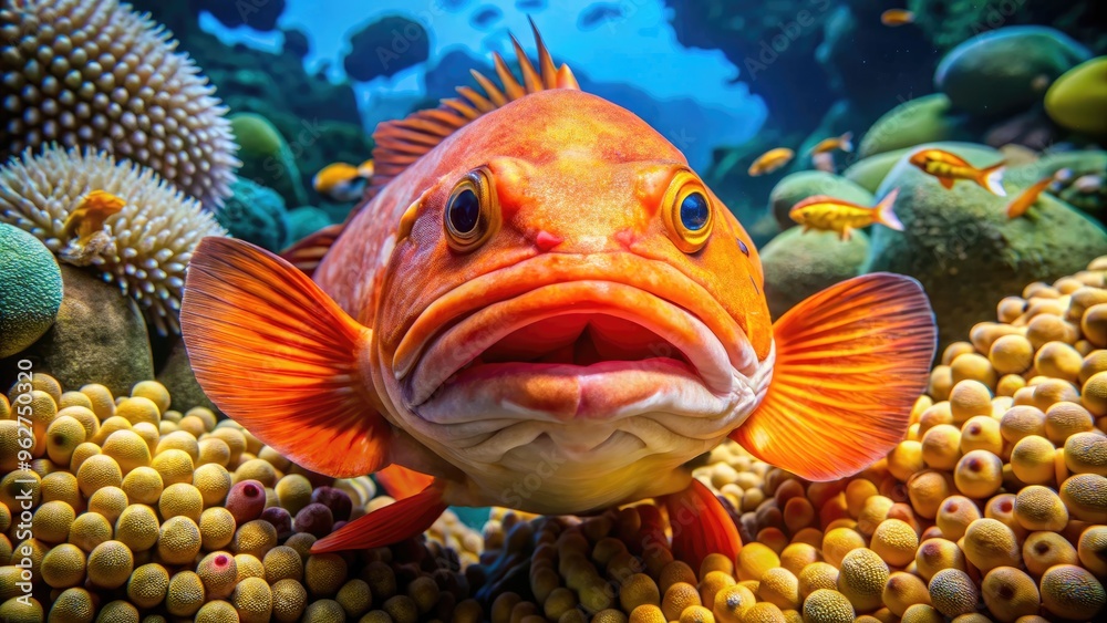Vibrant orange mouthbrooder fish swims near coral reef, its large mouth filled with eggs, showcasing unique parental care in underwater marine ecosystem. Vibrant orange mouthbrooder fish swims near coral reef, its large mouth filled with eggs, showcasing unique parental care in underwater marine ecosystem.