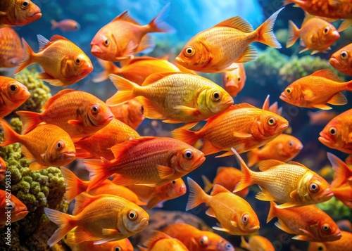 Vibrant orange poku fish swim together in a school, their iridescent scales shimmering in the sunlight, amidst a backdrop of coral reef and seaweed. photo