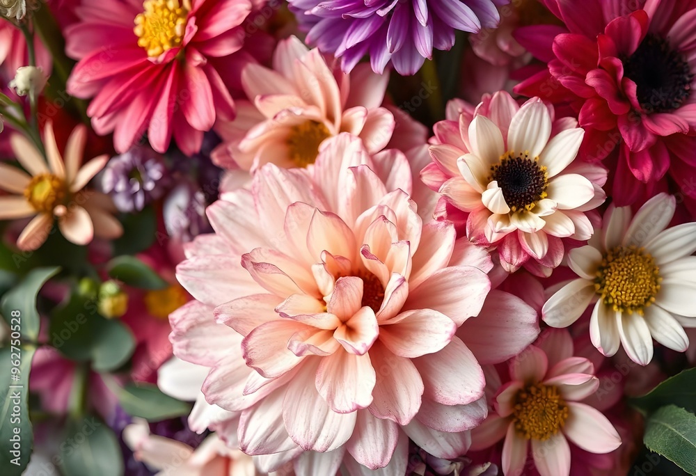 Vibrant bouquet of assorted flowers including daisies, asters, and zinnias in a colorful arrangement at a local flower shop