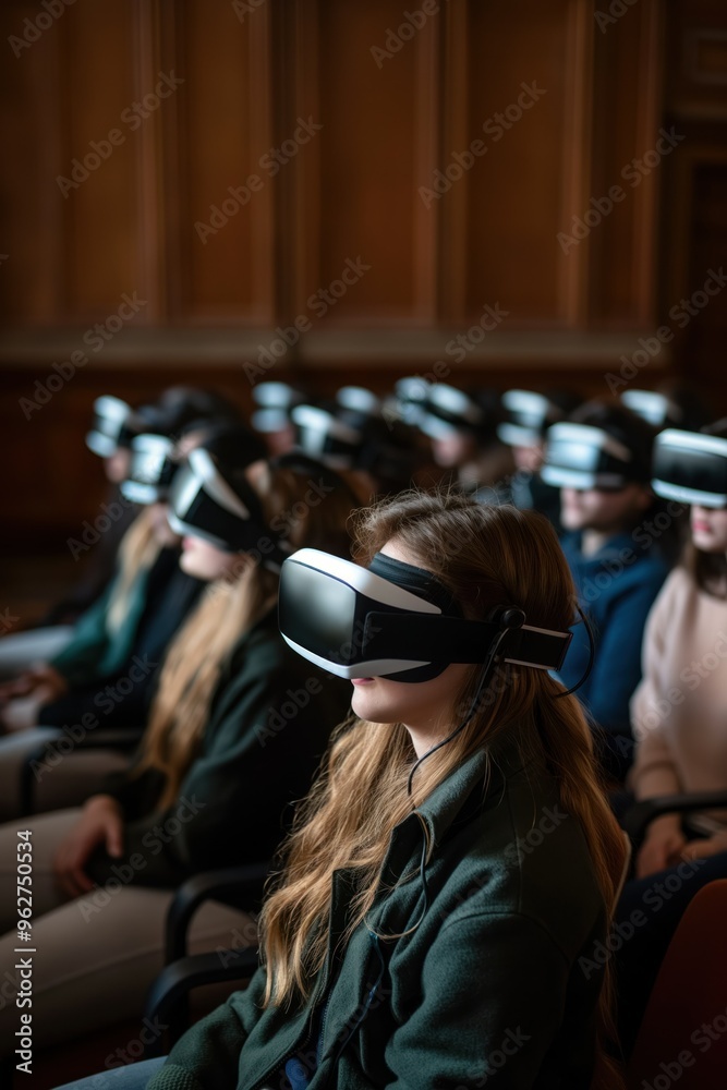 Group of people wear VR headsets, focused on virtual experience. Students learn with immersive tech in lecture hall setting. Wooden wall background provides neutral space for education innovation. Group of people wear VR headsets, focused on virtual experience. Students learn with immersive tech in lecture hall setting. Wooden wall background provides neutral space for education innovation.