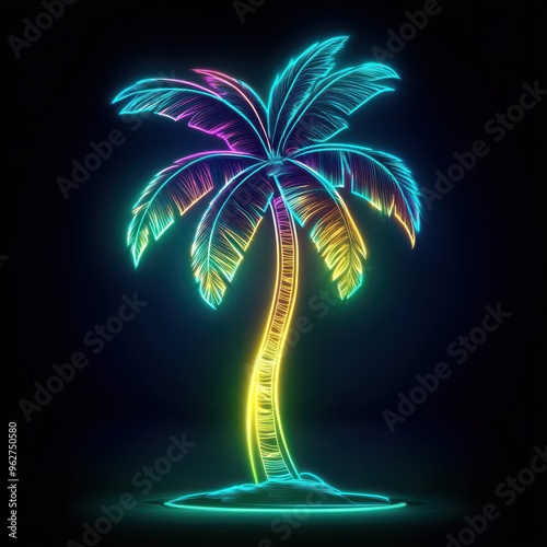 Vibrant neon palm tree illustration on black background

