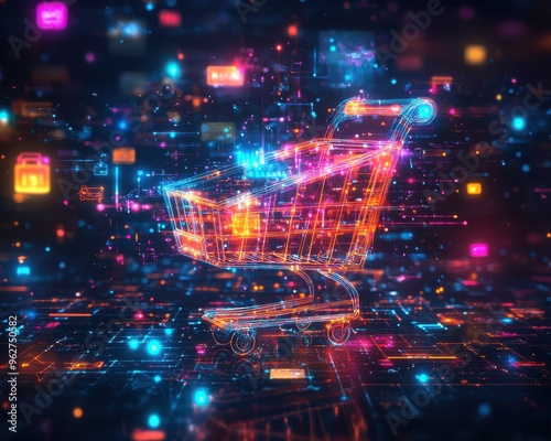 Futuristic digital shopping cart with neon lights
