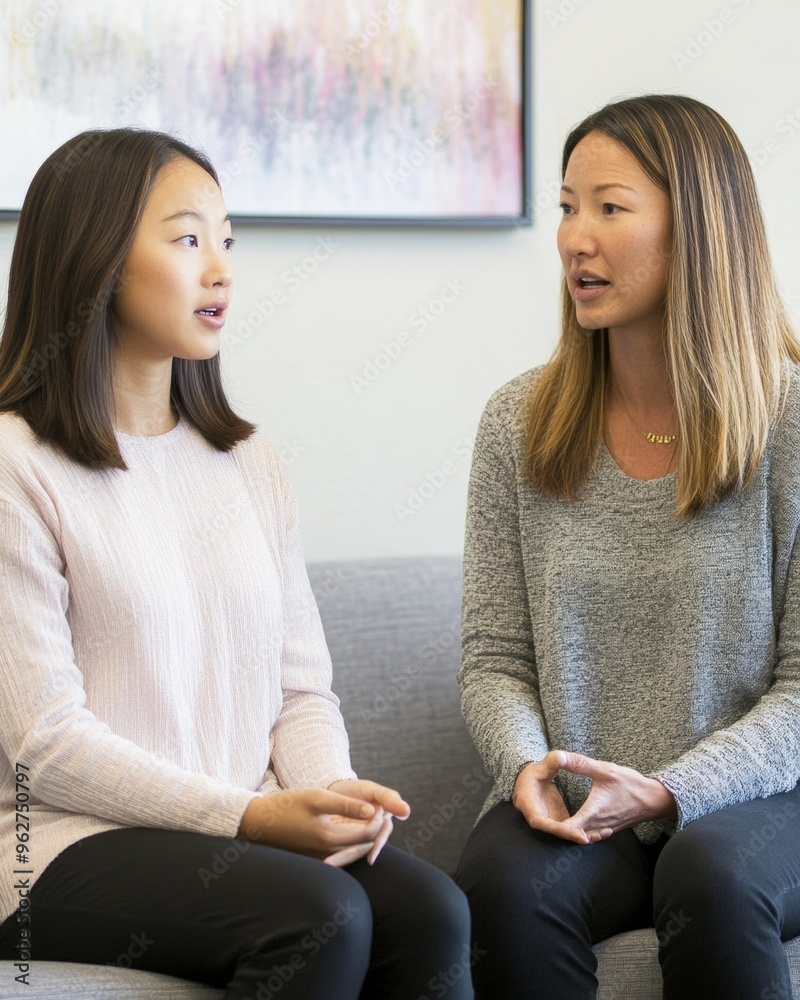 Young Asian Woman Discussing Anxiety Disorder with White Female Therapist in Calm, Modern Office Setting During Daytime Young Asian Woman Discussing Anxiety Disorder with White Female Therapist in Calm, Modern Office Setting During Daytime